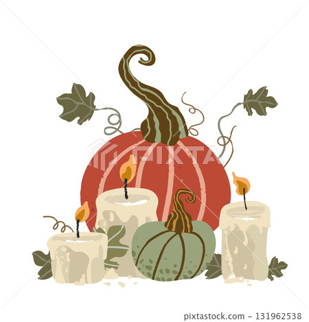Composition of christmas burning candles and cute pumpkins. Vector illustration Composition of christmas burning candles and cute pumpkins. Vector illustration 131962538