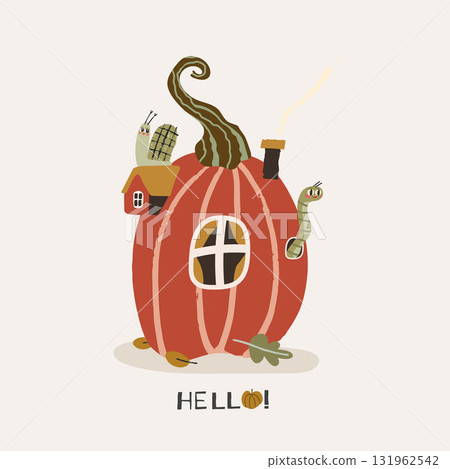 A cute pumpkin house for a dwarf or elf. Vector illustration orange red pumpkin with worm, leafs and snail 131962542