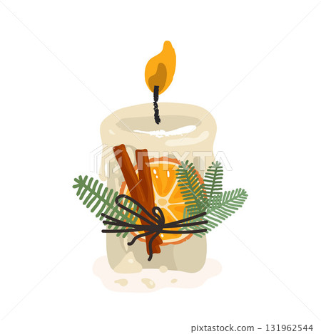 Composition of white burning aroma candle, cinnamon, fir, orange slices. Vector illustration 131962544