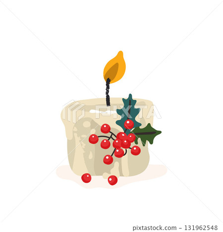 Composition of white burning aroma candle, ashberry, orange slices. Vector illustration Composition of white burning aroma candle, ashberry, orange slices. Vector illustration 131962548
