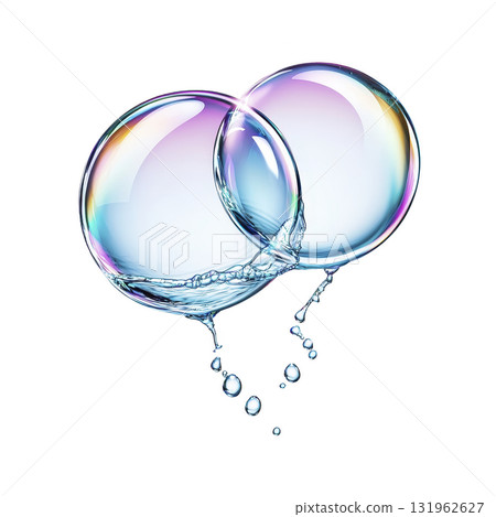Two iridescent soap bubbles connected with water droplets, creating delicate and whimsical scene. bubbles display spectrum of colors, reflecting light beautifully 131962627