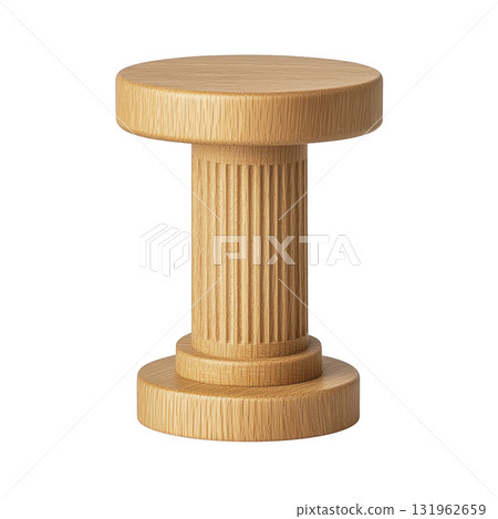 wooden stool with cylindrical design and fluted details, resembling classical column, adds touch of elegance to any space. Its natural wood finish enhances its aesthetic appeal 131962659