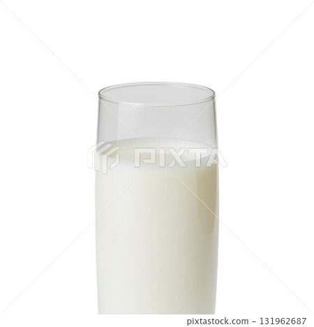 tall, clear glass filled with fresh, creamy milk stands against plain background, highlighting its smooth texture and inviting appearance 131962687