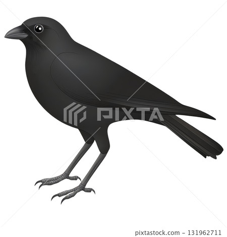 detailed illustration of black crow standing with curious expression, showcasing its glossy feathers and sharp beak. crow eyes are large and expressive, adding touch of personality 131962711