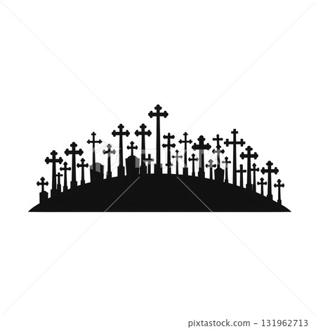 silhouette of numerous crosses arranged in row, creating somber and reflective atmosphere. design is simple yet impactful, evoking themes of remembrance and peace 131962713