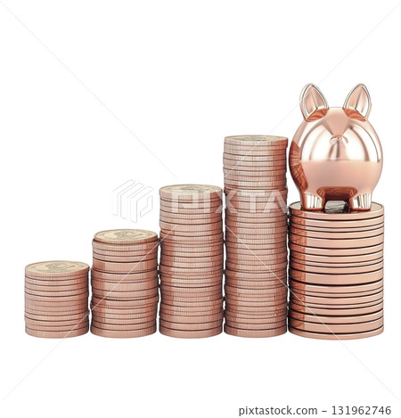 shiny piggy bank sits atop stack of coins, symbolizing financial growth and savings. coins are arranged in ascending order, representing increasing wealth and investment success shiny piggy bank sits atop stack of coins, symbolizing financial growth and savings. coins are arranged in ascending order, representing increasing wealth and investment success 131962746