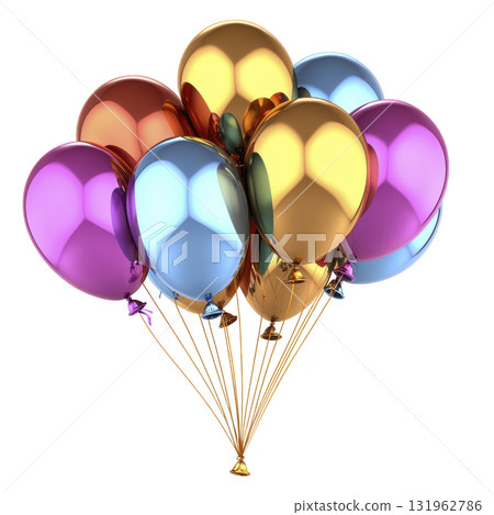 Colorful metallic balloons clustered together, reflecting light with shiny surface, create festive and joyful atmosphere. balloons are tied with strings, perfect for celebrations 131962786