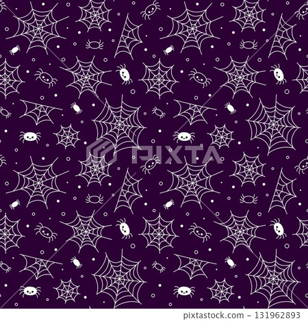 Spider web pattern. Halloween vector seamless background with cute spiders. Purple and white spooky pattern Spider web pattern. Halloween vector seamless background with cute spiders. Purple and white spooky pattern 131962893