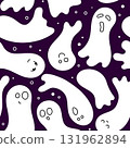 Ghosts pattern vector. Cute Halloween seamless background October 31. Purple and white spooky pattern 131962894
