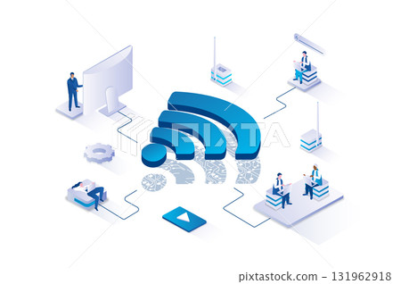 Wireless technology 3d isometric concept with isometry people design for web. Users accessing to wifi hotspot to get internet connection from laptop, computer or smart phone. Vector illustration. 131962918