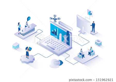 Web analytics 3d isometric concept with isometry people design. Team studying site graph and charts at dashboard, using data analysis services, working with page statistics. Vector illustration. 131962921