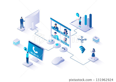 Video conference 3d isometric concept with isometry people design for web. Colleagues discussing work tasks by virtual call, employees communicating at live video meeting. Vector illustration. 131962924