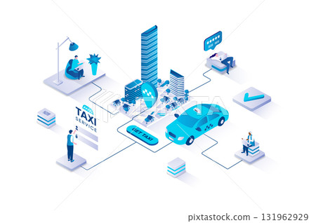 Taxi service 3d isometric concept with isometry people design for web. Clients booking car online, searching and getting transportation, tracking routes at map in mobile app. Vector illustration. 131962929