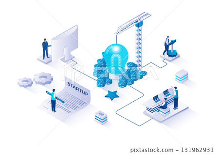 Startup project 3d isometric concept with isometry people design for web. Team launching new project, brainstorming, analyzing market, improving product and promoting business. Vector illustration. 131962931