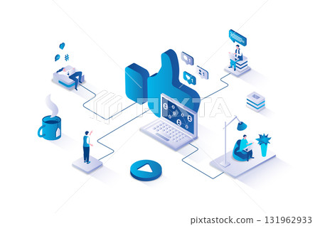 Social network 3d isometric concept with isometry people design for web. Users browsing and chatting online with friends, sharing posts and links, commenting and following blogs. Vector illustration. 131962933