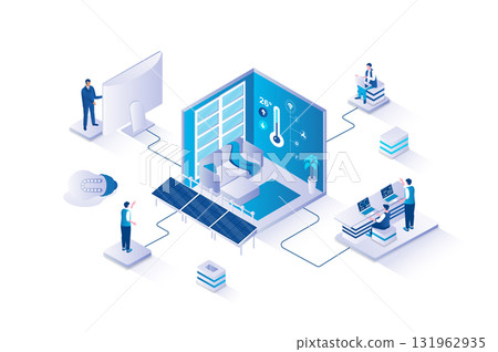 Smart home 3d isometric concept with isometry people design for web. People using security system, automation control and monitoring of sensors in house with mobile app or laptop. Vector illustration. 131962935