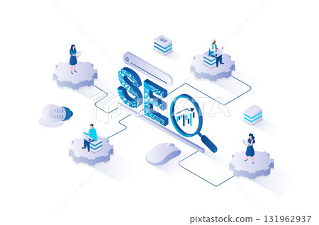 Seo optimization 3d isometric concept with isometry people design for web. People doing research and analyzing site data, selesting keywords, increase traffic and top raising. Vector illustration. Seo optimization 3d isometric concept with isometry people design for web. People doing research and analyzing site data, selesting keywords, increase traffic and top raising. Vector illustration. 131962937