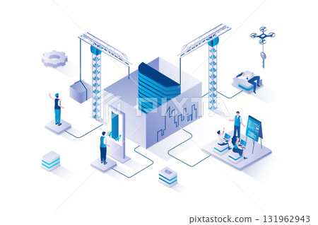 Real estate 3d isometric concept with isometry people design for web. Construction company building new houses for selling, realtors sale of apartments in future skyscraper. Vector illustration. 131962943