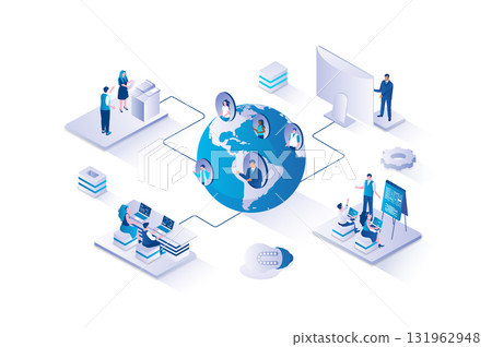 Outsourcing company 3d isometric concept with isometry people design for web. Employees working remotely from home in international company, doing tasks and communicating online. Vector illustration. 131962948