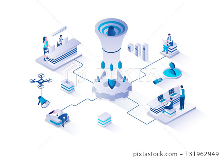 Outbound marketing 3d isometric concept with isometry people design for web. Team developing promotion strategy, making advertisement, attracting customers to buying product. Vector illustration. 131962949