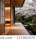 Spring scene in a traditional Japanese garden with cherry blossoms in full bloom, verandas and illuminated gardens Spring scene in a traditional Japanese garden with cherry blossoms in full bloom, verandas and illuminated gardens 131962970