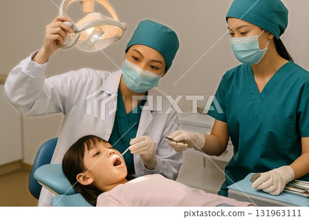 Two Dental Professionals Assist a Young Girl During a Check-Up in a Bright Clinic Setting Two Dental Professionals Assist a Young Girl During a Check-Up in a Bright Clinic Setting 131963111