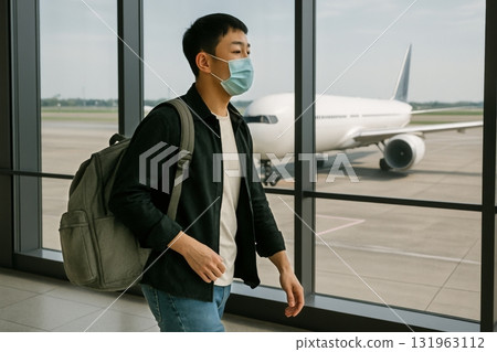 Young Traveler Wearing a Mask Walks Through Airport Terminal Near Airplane 131963112