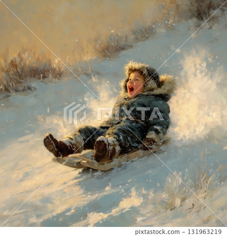 Child in Winter Coat Enjoys Sledding Down Snowy Hill at Sunset 131963219