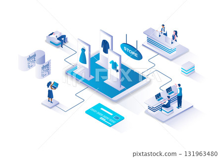 Online shopping 3d isometric concept with isometry people design for web. Customers choosing new products on store website, ordering and paying with credit card for purchases. Vector illustration. 131963480