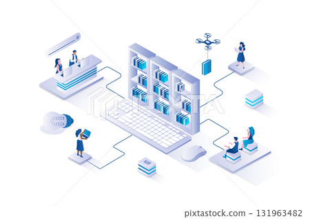 Online library 3d isometric concept with isometry people design for web. Students reading e-books and textbooks using laptops, taking books in online bookstore or digital archive. Vector illustration. Online library 3d isometric concept with isometry people design for web. Students reading e-books and textbooks using laptops, taking books in online bookstore or digital archive. Vector illustration. 131963482