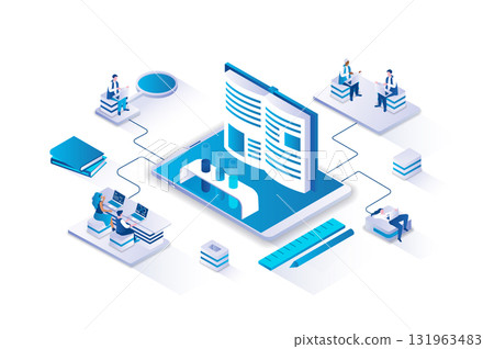 Online education 3d isometric concept with isometry people design for web. Students learning on educational programs, studying science, reading books and textbooks, gain skills. Vector illustration. 131963483