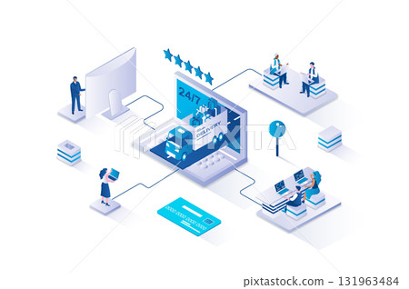Online delivery 3d isometric concept with isometry people design for web. Clients using fast shipping and courier services with parcels tracking, post transportation with trucks. Vector illustration. 131963484