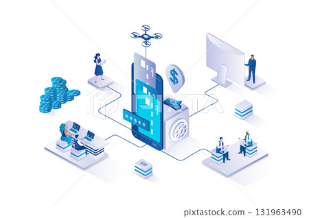 Mobile banking 3d isometric concept with isometry people design for web. People paying for purchases with credit cards, using mobile app for savings management and income account. Vector illustration. 131963490