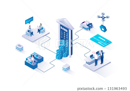 Mobile banking 3d isometric concept with isometry people design for web. Bank clients making financial transactions, taking money cash from account in atm, managing accounts. Vector illustration. Mobile banking 3d isometric concept with isometry people design for web. Bank clients making financial transactions, taking money cash from account in atm, managing accounts. Vector illustration. 131963493