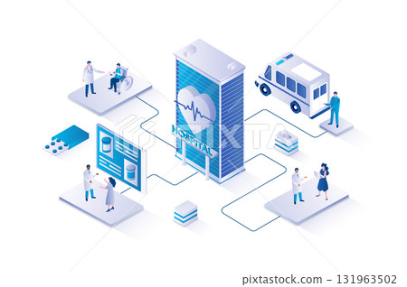 Medicine 3d isometric concept with isometry people design for web. Doctor doing patients diagnosis and treatment appointment in clinic, nurse helping in hospital and ambulance. Vector illustration. 131963502