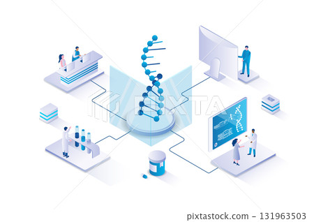Medical laboratory 3d isometric concept with isometry people design for web. Scientists team doing medical research in lab, studying dna molecule, making genetic experiments. Vector illustration. 131963503