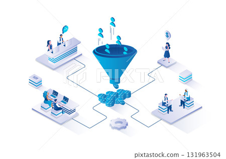 Marketing funnel 3d isometric concept with isometry people design for web. Team attracting new customers and generating sales flow, using lead generations strategy with cone. Vector illustration. 131963504