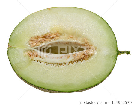Half of ripe juicy melon with seeds on isolated background Half of ripe juicy melon with seeds on isolated background 131963579