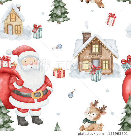 Seamless watercolor pattern in cute childish style. Santa Claus, reindeer in scarf, sack of gifts, cozy wooden houses and snowy Christmas tree. white background, for children product, holiday design 131963801