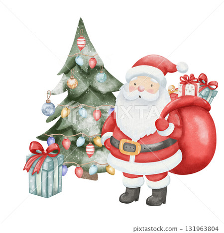 Watercolor illustration of Santa Claus standing with sack of gifts to decorated Christmas tree. Under the tree is gift with red bow. Magical holiday scene. Hand drawn, isolated on white background, 131963804
