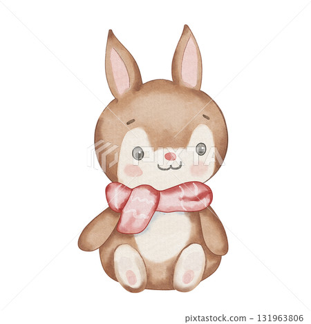 Cute brown watercolor bunny sitting with red scarf. Cozy winter illustration for kids, isolated on white background. Perfect for nursery decor, posters and holiday designs Cute brown watercolor bunny sitting with red scarf. Cozy winter illustration for kids, isolated on white background. Perfect for nursery decor, posters and holiday designs 131963806
