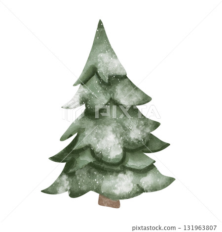 Simple and cute watercolor illustration of green Christmas tree covered with snow. Hand drawn. In minimalistic childish style for holiday cards, winter decorations. Isolated on white background Simple and cute watercolor illustration of green Christmas tree covered with snow. Hand drawn. In minimalistic childish style for holiday cards, winter decorations. Isolated on white background 131963807