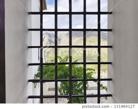 A Scenic and Picturesque View Captured Through a Gridded Window Framed by Greenery 131964127