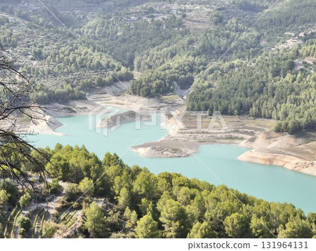 A stunning view of a tranquil lake, beautifully surrounded by lush green forests A stunning view of a tranquil lake, beautifully surrounded by lush green forests 131964131