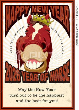 2026 New Year's card template "Laughing Horse" Happy New Year with English annotations 131964230