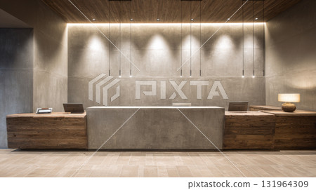 Stylish reception desk in hotel or office, combining large concrete counter with rich natural wood side panels. Features warm backlighting, sleek pendant lamps for contemporary, inviting look 131964309