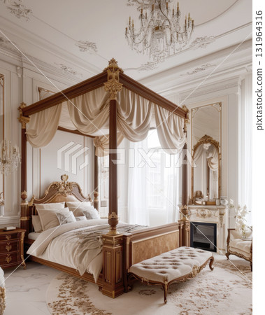 Magnificent baroque bedroom featuring a gilded four-poster bed with canopy drapes, ornate wall and ceiling molding, crystal chandelier, and marble flooring. Epitomizes old-world luxury and royalty 131964316