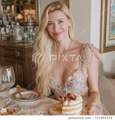 Beautiful blonde woman in a floral dress smiling happily while holding a slice of strawberry cake at an elegant dining table. Captures celebration, indulgence, femininity, luxury lifestyle concepts. 131964339