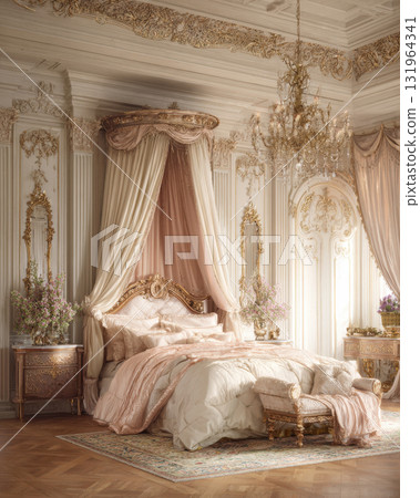 Opulent french rococo bedroom in blush pink and gilded accents. Features a canopy bed, crystal chandelier, and ornate mouldings, perfect for luxury, romance, royal, and high-end interior concepts 131964341