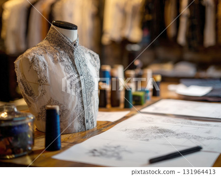 Close-up shot in a bespoke tailoring or design studio showing an ornate, patterned white fabric draped on a dress form. The workspace features design sketches, a drafting pen, thread spools 131964413